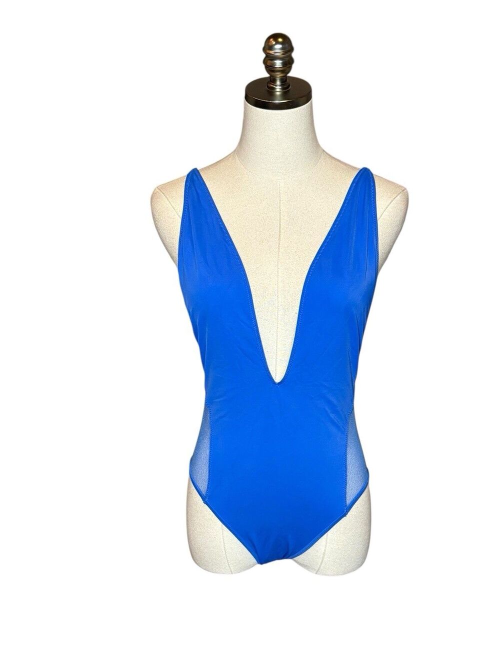 TopShop Plunge Neckline Side Mesh Inset Open Back One Piece Swimwuit Sz 6 Blue
